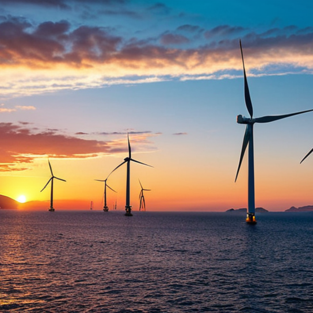 **A vast offshore wind farm at sunset in the Aegean Sea, Turkey. Modern wind turbines are silhouetted against a colorful sky, with the coastline visible in the distance. Calm seas reflect the turbine lights, showcasing sustainable energy generation in a picturesque setting.**