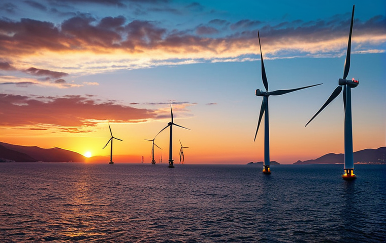 **A vast offshore wind farm at sunset in the Aegean Sea, Turkey. Modern wind turbines are silhouetted against a colorful sky, with the coastline visible in the distance. Calm seas reflect the turbine lights, showcasing sustainable energy generation in a picturesque setting.**